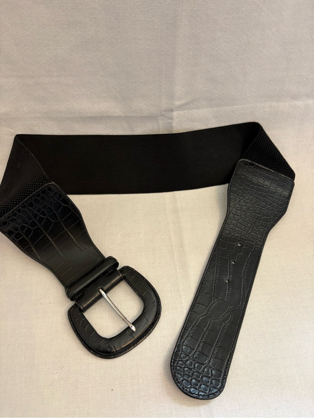 Black Croc- Lauren Ralph Lauren Embossed Elastic Waist Belt - Womens